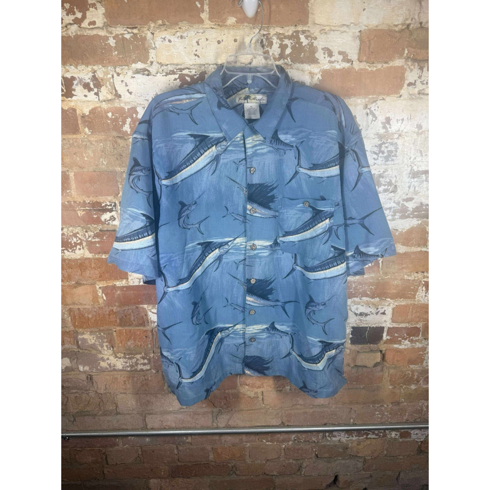Joe Marlin Shirt Men's XL Blue Fish Print Cotton Button Down Casual